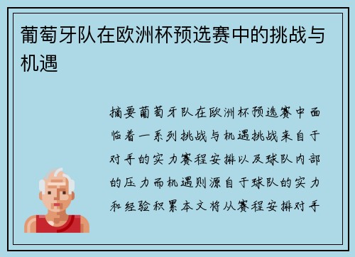 葡萄牙队在欧洲杯预选赛中的挑战与机遇